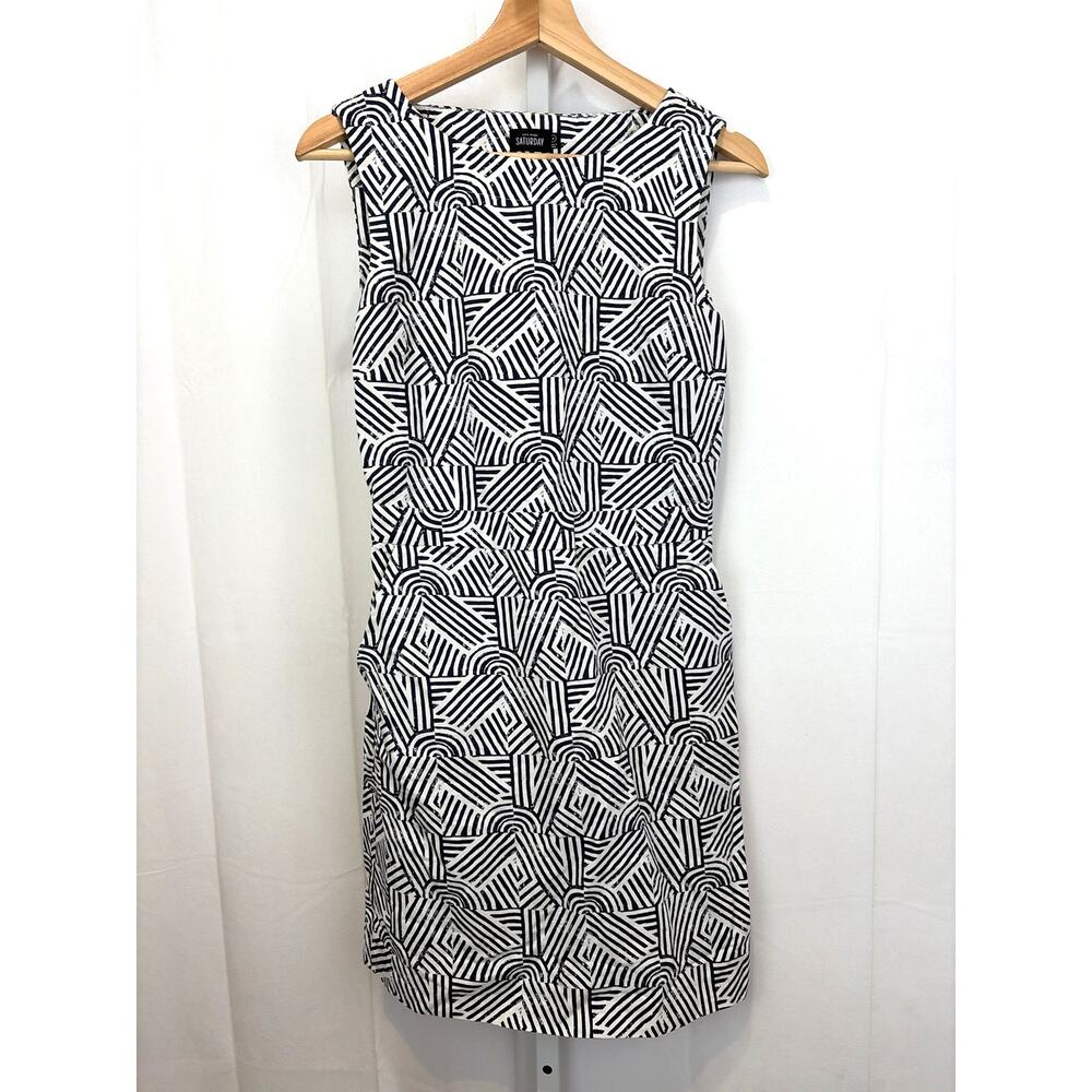 KATE SPADE Saturday Geo Sleeveless Dress Open Back Cotton Linen Blue White 4